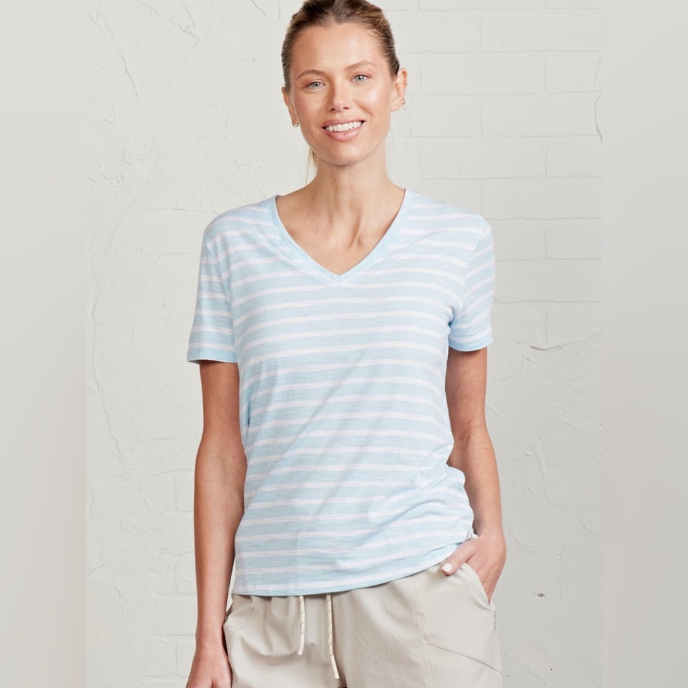 Tasc all day v-neck t-shirt blue & white striped women’s size XL bamboo organic
